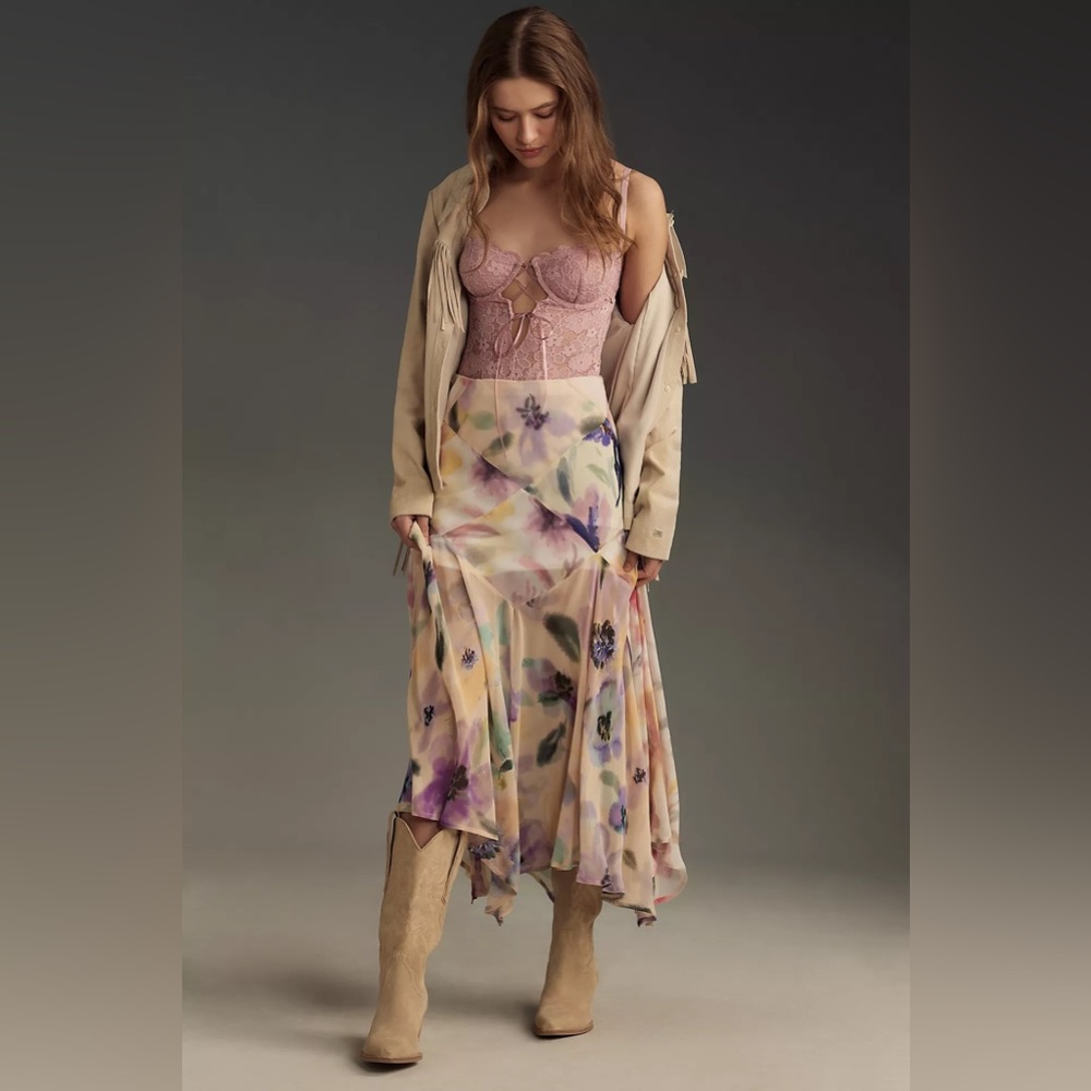 NWT By Anthropologie Asymmetrical Painterly Floral Midi Skirt - Picture 6 of 8